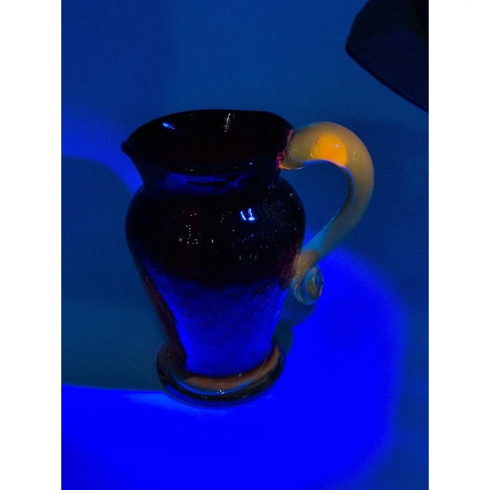Amberina Crackle Glass Mini Pitcher With UV Reactive Glow & Yellow Handle Approx